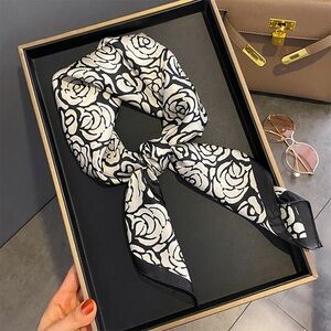 Designer Black and White Camellia Flower Square Scarf